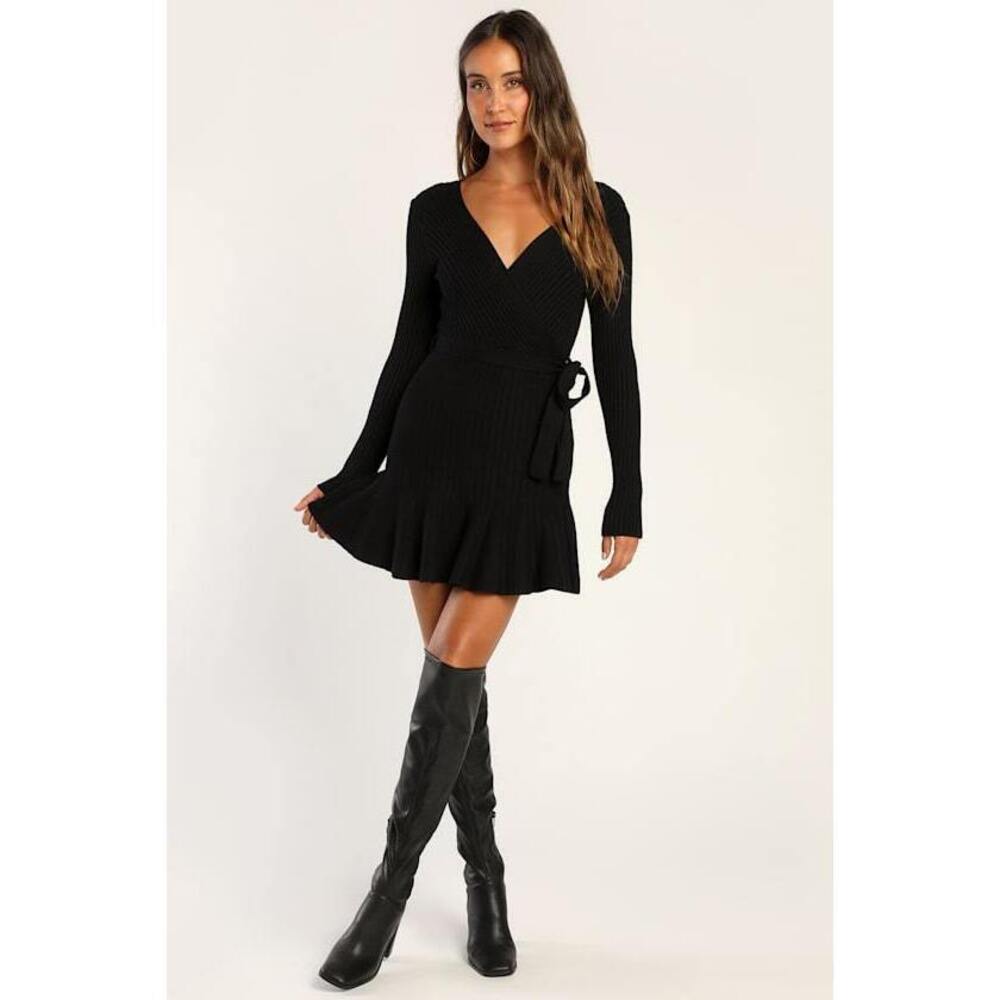 NWOT! Never Worn! Lulus Warm Emotions Black Skater Mini Sweater Dress - Size S